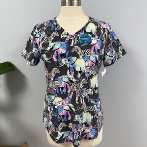 NWT Cherokee Pastel Rainbow African Animals Scrub Top S Zebra Elephant Scrubs